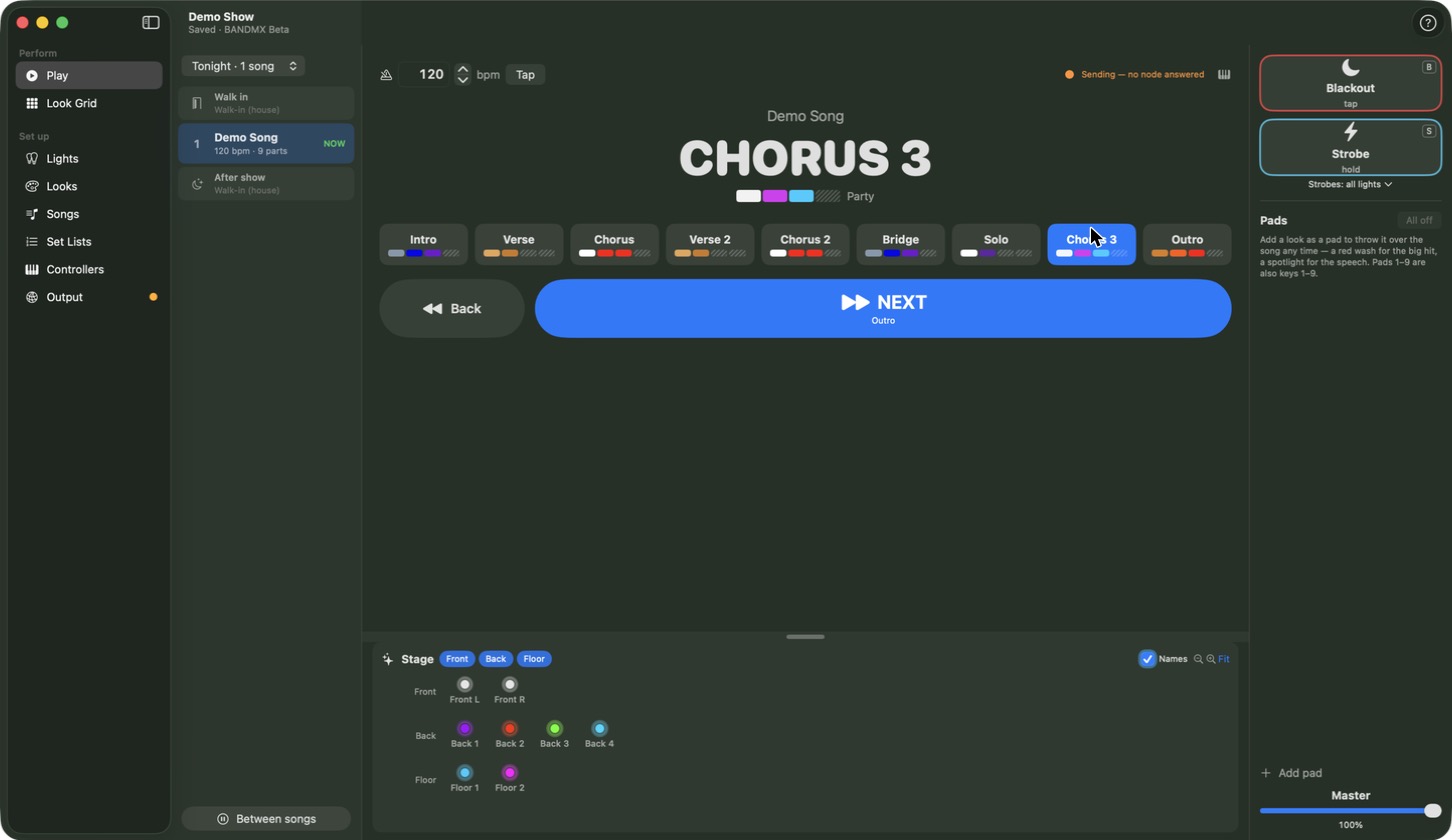 BANDMX Play screen showing the set list, the current song part in large letters, part buttons, a big Next button and a preview of the stage lights.