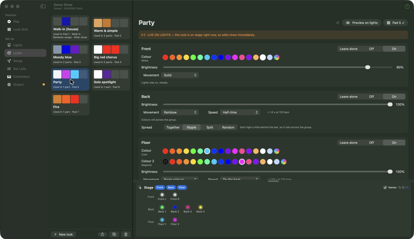 BANDMX look editor showing colour, brightness and movement for each group of lights.