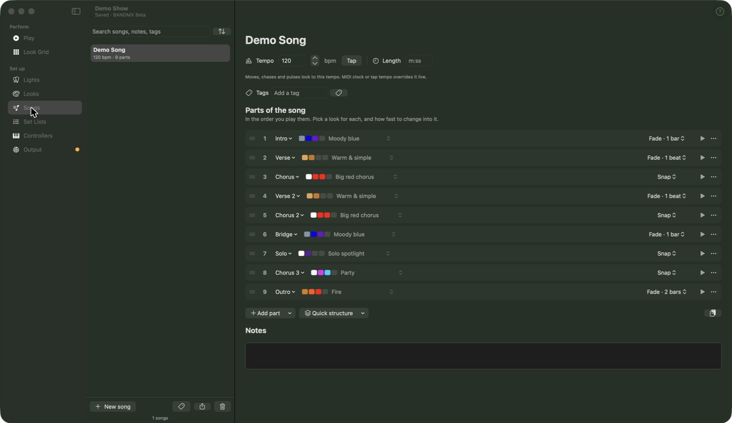 BANDMX Songs screen listing a song's parts, each with its look.