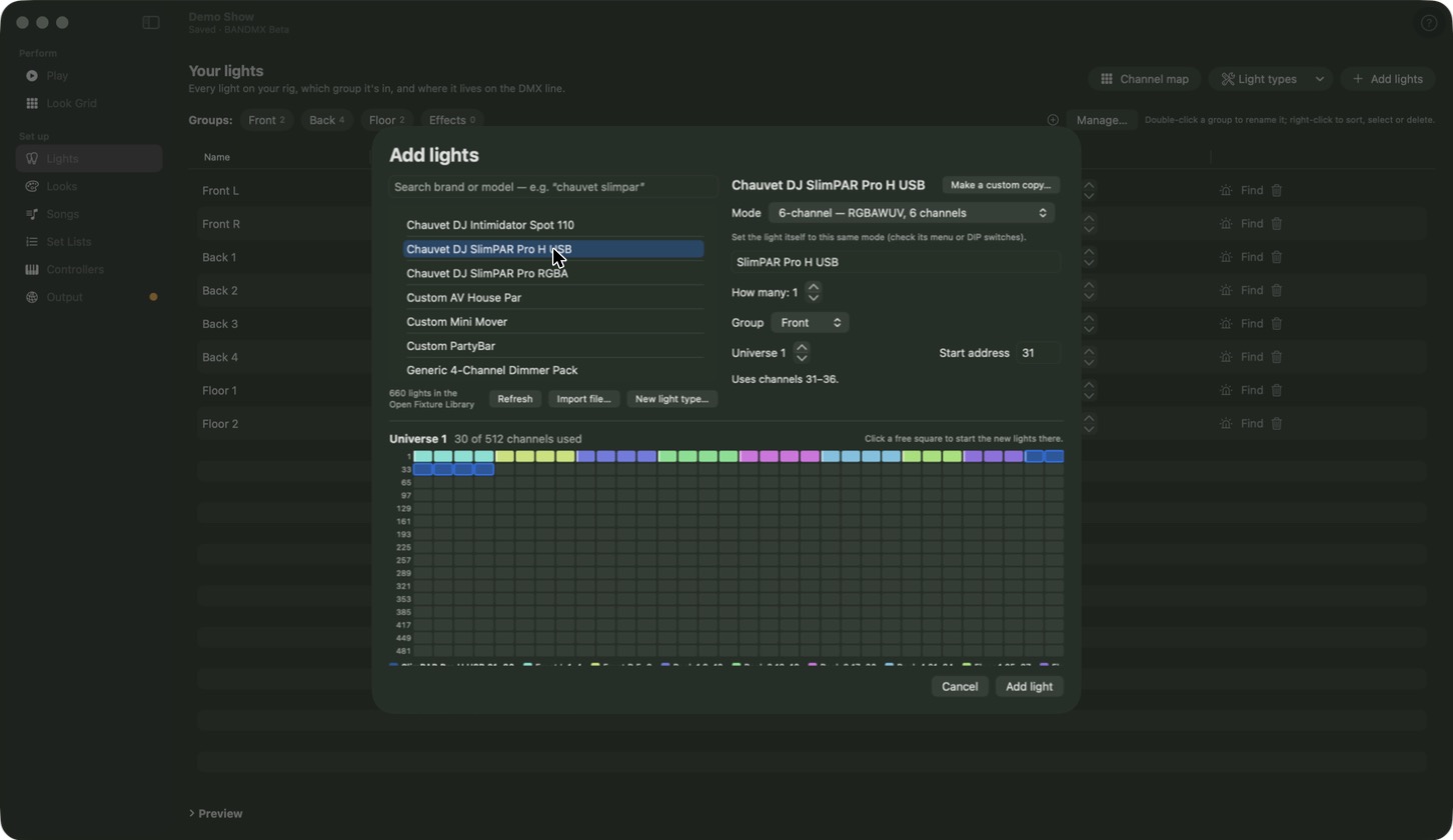 BANDMX Add lights window, searching a library of lights by brand and model.