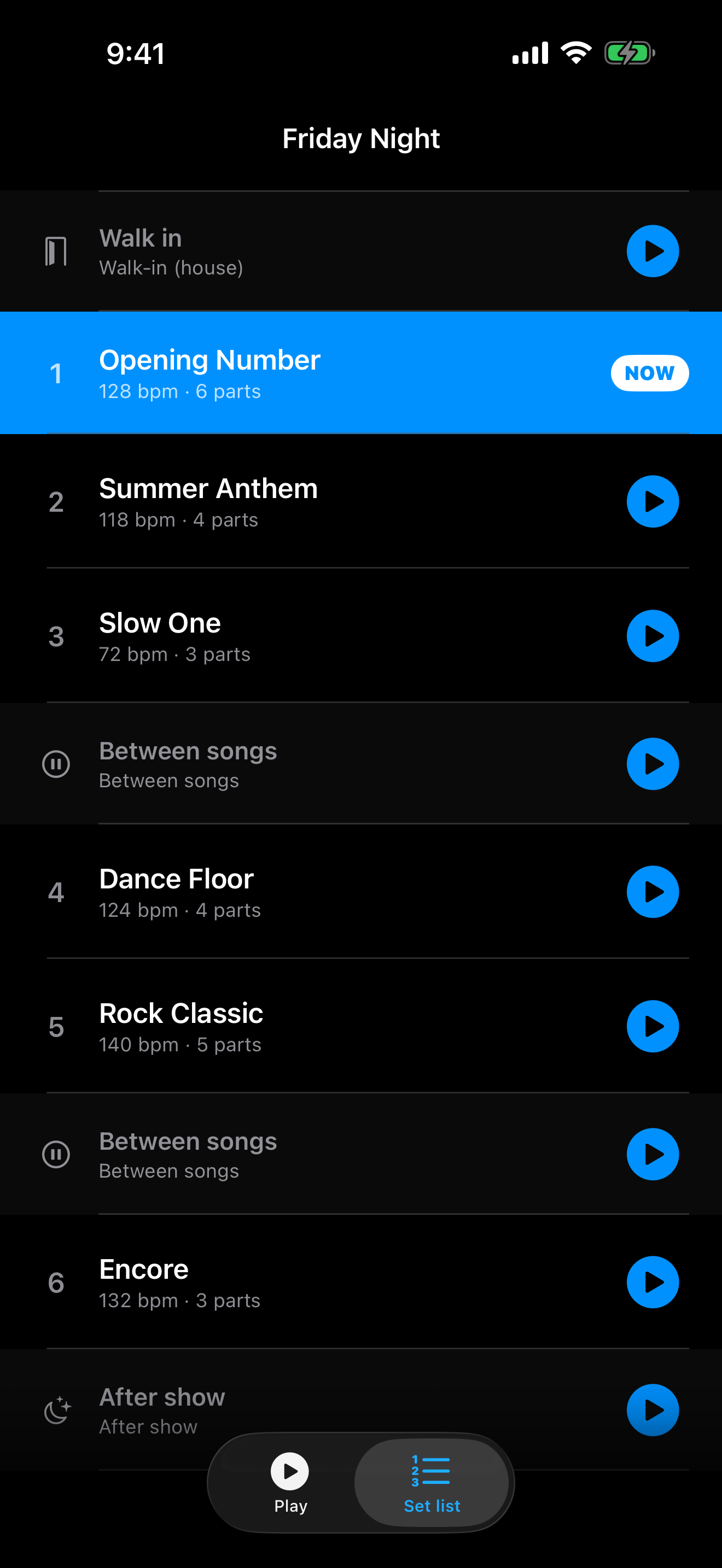 BANDMX Remote set list with the playing song marked NOW.